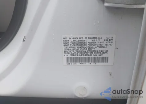 2014 Honda Pilot Exl из США, поврежденный, VIN 5FNYF3H68EB010697